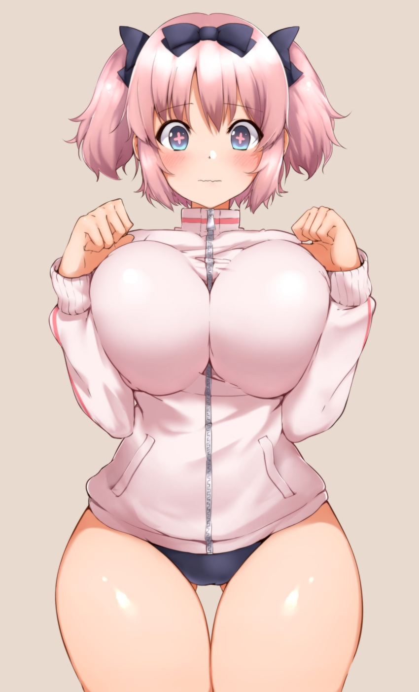 +_+, 1girl, absurdres, blush, bow, breasts, buruma, cowboy_shot, hair_bow, hechi_(hechi322), hibari_(senran_kagura), highres, jacket, large_breasts, pink_hair, senran_kagura, short_twintails, solo, symbol-shaped_pupils, track_jacket, twintails, wavy_mouth