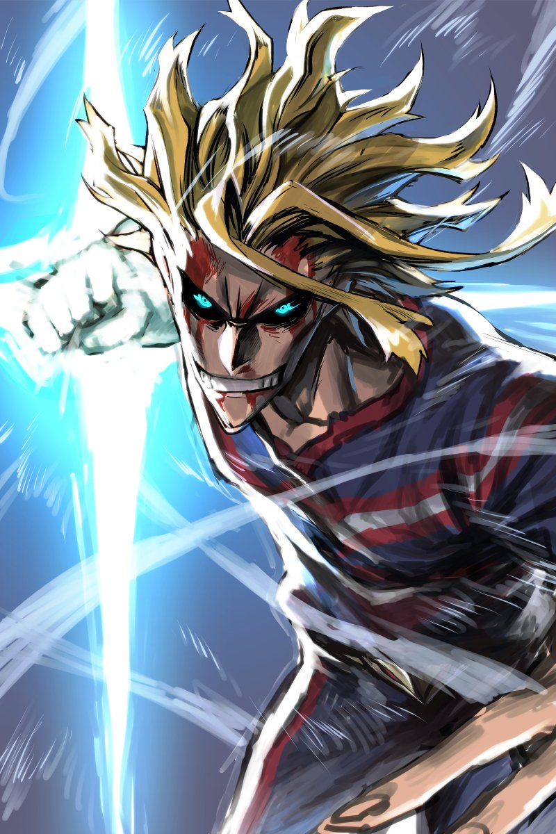 1boy, all_might, attack, blonde_hair, blood, blood_from_mouth, blood_on_face, blue_eyes, boku_no_hero_academia, clenched_hand, clenched_teeth, glowing, glowing_eyes, glowing_hand, highres, kyo-ani_love, looking_at_viewer, short_hair, smile, solo, teeth, wind
