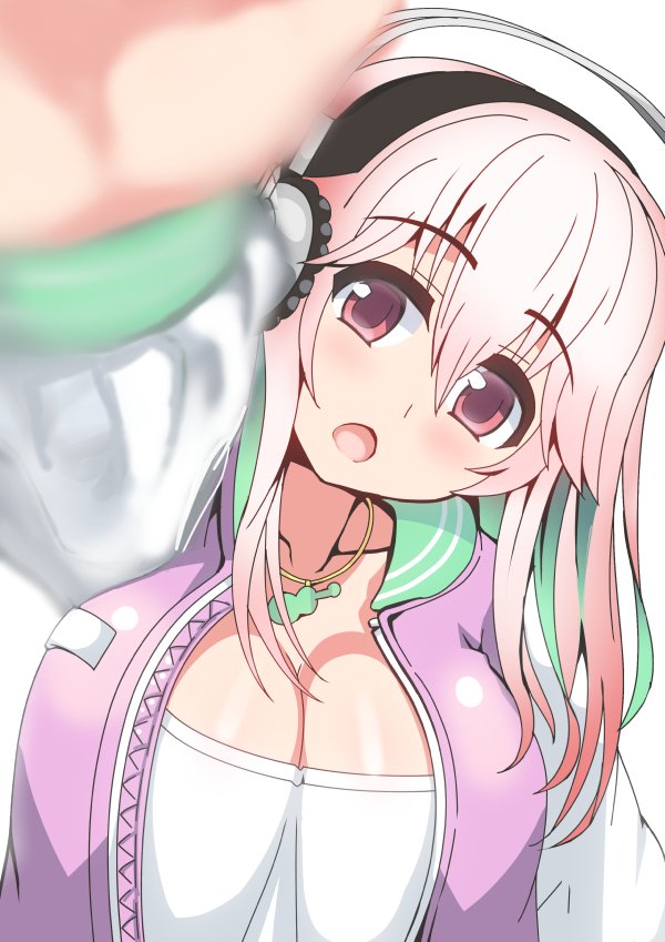 1girl, adjusting_camera, blush, breasts, cleavage, collarbone, deni_m, head_tilt, headphones, jacket, large_breasts, letterman_jacket, long_hair, long_sleeves, looking_at_viewer, nitroplus, open_mouth, pink_eyes, pink_hair, solo, super_sonico, virtual_youtuber