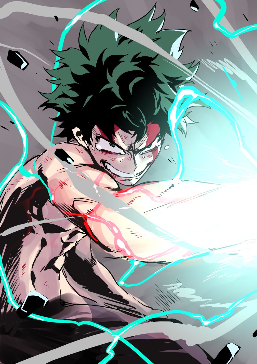1boy, angry, blood, blood_on_face, boku_no_hero_academia, clenched_teeth, dust_cloud, glowing, glowing_hand, glowing_veins, green_eyes, green_hair, injury, kyo-ani_love, midoriya_izuku, muscle, short_hair, solo, sparks, tears, teeth, topless, wind