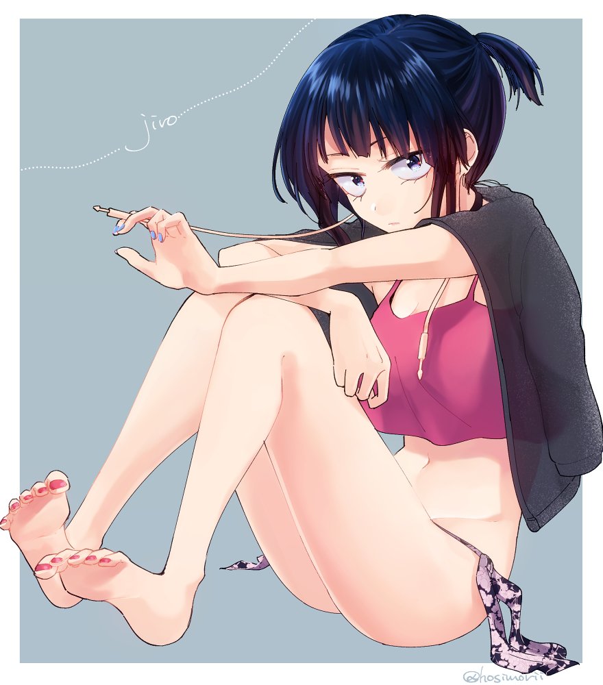 1girl, alternate_costume, alternate_hairstyle, bangs, bare_legs, barefoot, blue_eyes, blue_hair