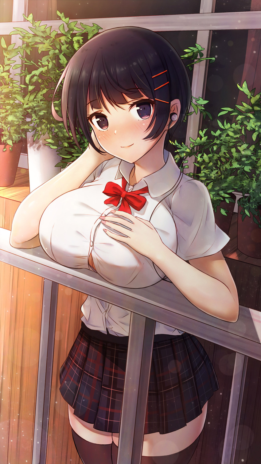 1girl, absurdres, bangs, blush, bow, breast_rest, breasts, brown_hair