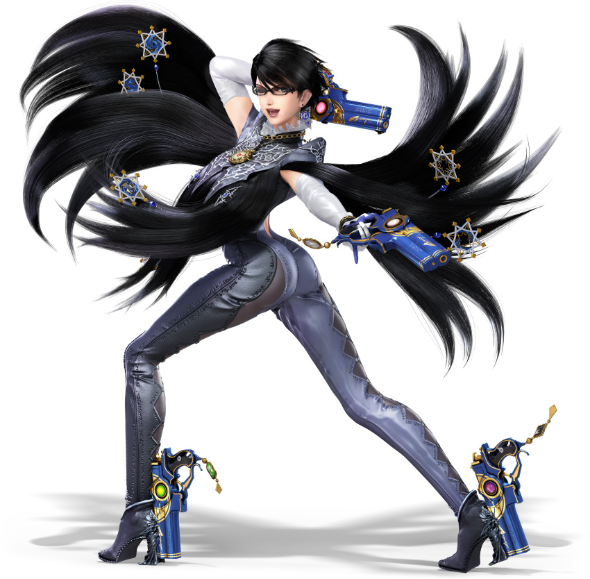 1girl, 3d, ;d, absurdres, alternate_hair_length, alternate_hairstyle, bayonetta, bayonetta_(character), bayonetta_2, black_hair, detached_sleeves, dual_wielding, earrings, from_behind, full_body, glasses, gun, handgun, high_heels, highres, holding, jewelry, love_is_blue_(bayonetta), official_art, one_eye_closed, open_mouth, short_hair, smile, solo, super_smash_bros., super_smash_bros_ultimate, transparent_background, weapon