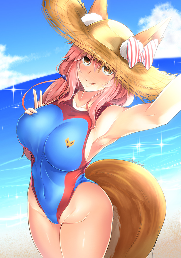 1girl, animal_ears, arm_up, armpits, bangs, bare_shoulders, beach, blue_sky