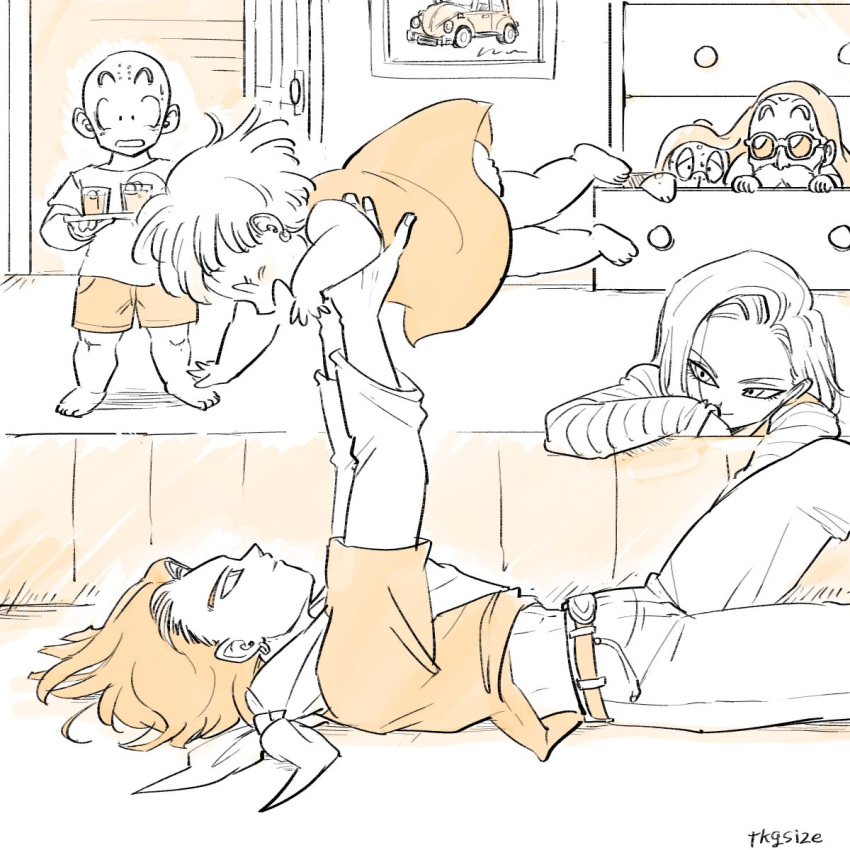 2girls, 3boys, ^_^, android_17, android_18, animal, artist_name, bald