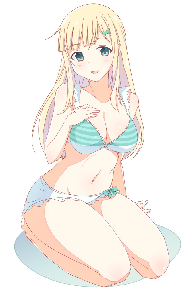 1girl, :d, aqua_eyes, bangs, bikini, blonde_hair, breasts, cleavage
