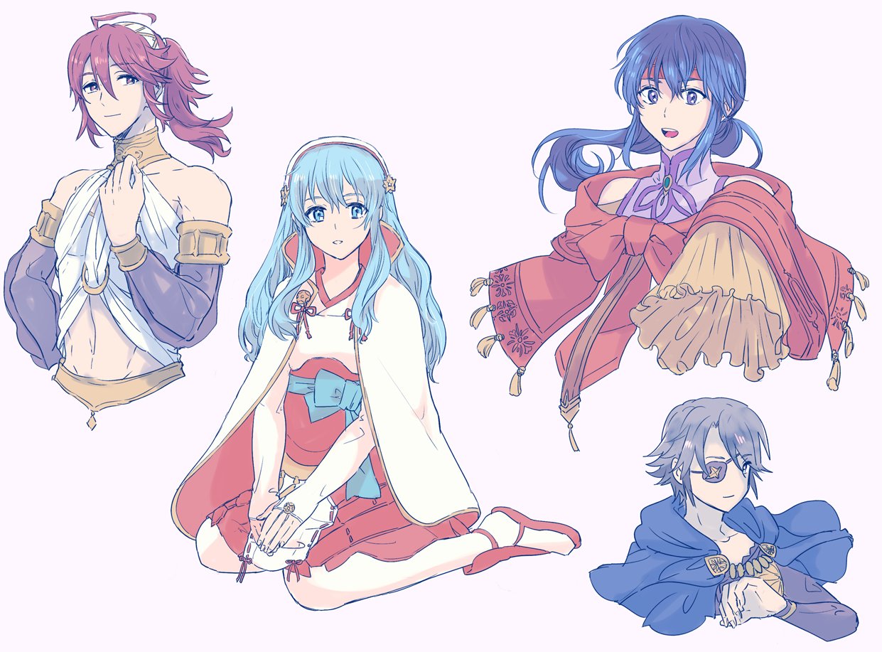 azur_(fire_emblem), bare_shoulders, blue_eyes, blue_hair, cape, celice_(fire_emblem), cosplay, dress, eirika, eyepatch, fire_emblem, fire_emblem:_kakusei, fire_emblem:_seima_no_kouseki, fire_emblem:_seisen_no_keifu, fire_emblem:_souen_no_kiseki, fire_emblem_heroes, fire_emblem_if, grey_hair, hair_ornament, hairband, headband, inigo_(fire_emblem), japanese_clothes, jewelry, kimono, lazward_(fire_emblem_if), long_hair, looking_at_viewer, midriff, multiple_boys, navel, olivia_(fire_emblem), olivia_(fire_emblem)_(cosplay), open_mouth, ponytail, robe, sakura_(fire_emblem_if), sanaki_kirsch_altina, short_hair, simple_background, smile, staff, tonton318831, zero_(fire_emblem_if)