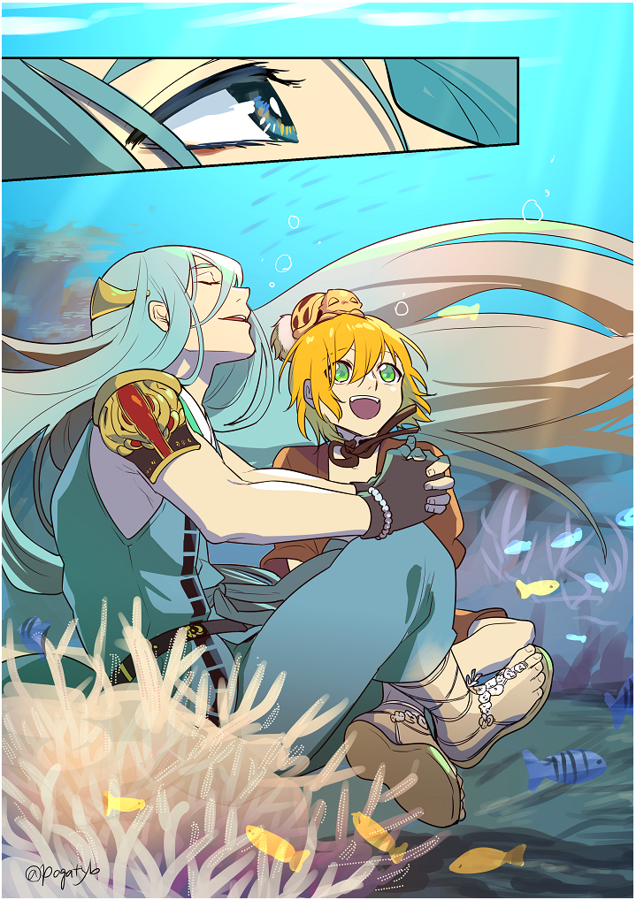 2boys, :d, aqua_hair, blue_eyes, chiyoganemaru, closed_eyes, coral_reef, fish