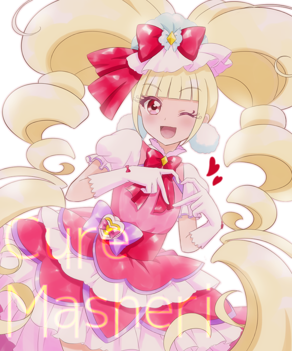 1girl, ;d, aisaki_emiru, bangs, blonde_hair, blunt_bangs, bow, character_name