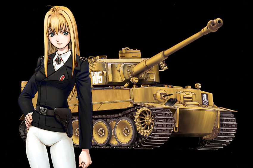 1girl, black_background, blonde_hair, blue_eyes, breasts, caterpillar_tracks, ground_vehicle, katayama_makoto