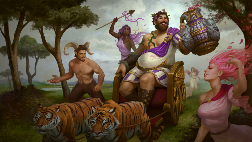 1boy, alcohol, alternate_costume, bacchus_(smite), beard, brown_hair, dark_skin, drink
