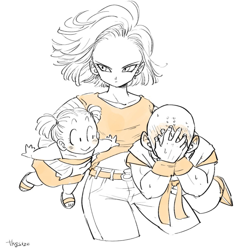 1boy, 2girls, android_18, artist_name, bald, belt, blush, boots