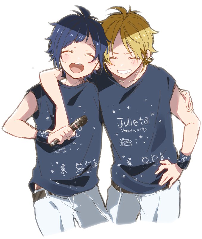 2boys, aizou_(kokuhaku_jikkou_iinkai), arm_around_shoulder, blonde_hair, blue_hair, closed_eyes, juutora, kokuhaku_jikkou_iinkai, lipxlip, male_focus, microphone, multiple_boys, shirt, simple_background, smile, t-shirt, white_background, wristband, yuujirou_(kokuhaku_jikkou_iinkai)