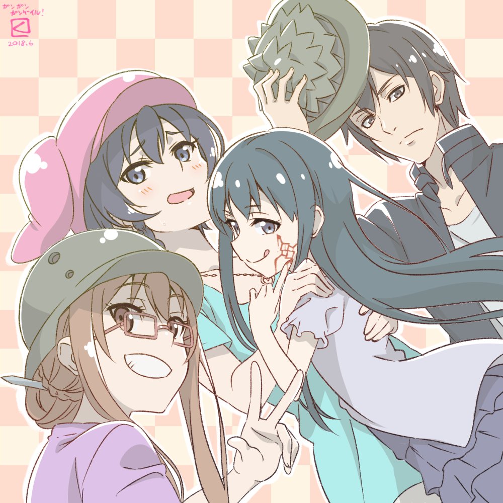 1boy, 3girls, :p, asougi_goushi, glasses, hat, helmet, kanzaki_elsa