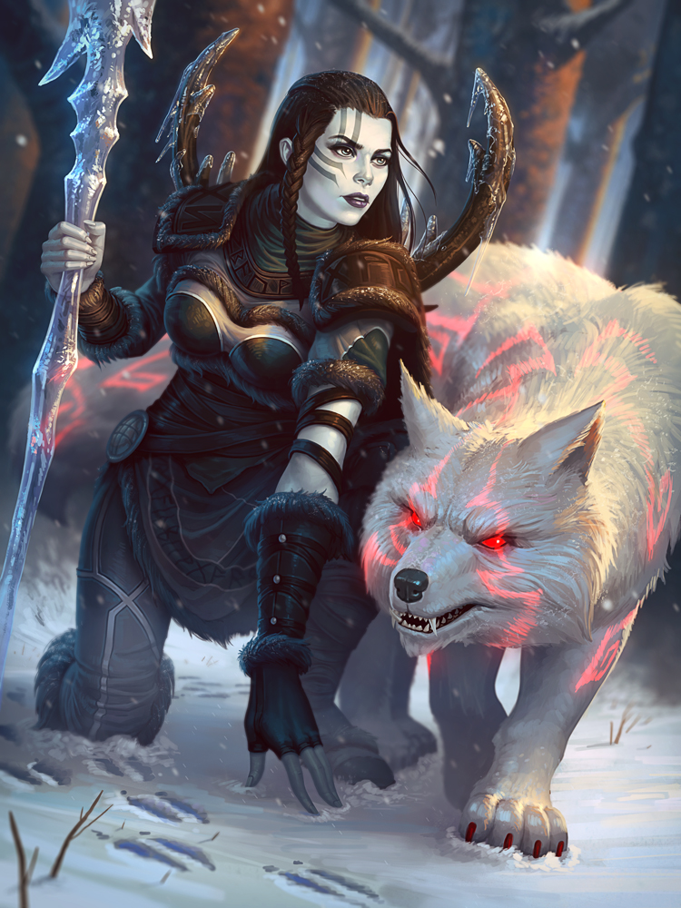 1girl, alternate_costume, black_hair, blue_eyes, braid, cape, facial_mark, fangs, fingerless_gloves, fur_trim, gloves, glowing, glowing_eyes, ice, jon_neimeister, lipstick, long_hair, makeup, official_art, open_mouth, pale_skin, polearm, red_eyes, skadi_(smite), smite, snow, solo, spear, teeth, tree, weapon, wolf