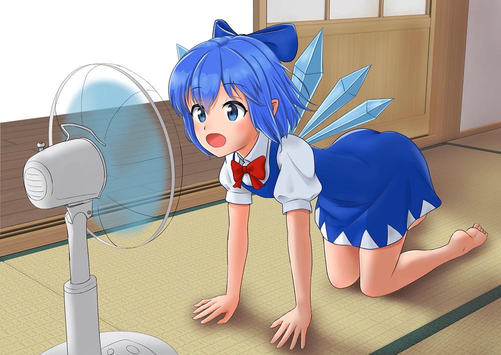 1girl, all_fours, bare_legs, barefoot, blue_bow, blue_dress, blue_eyes, blue_hair