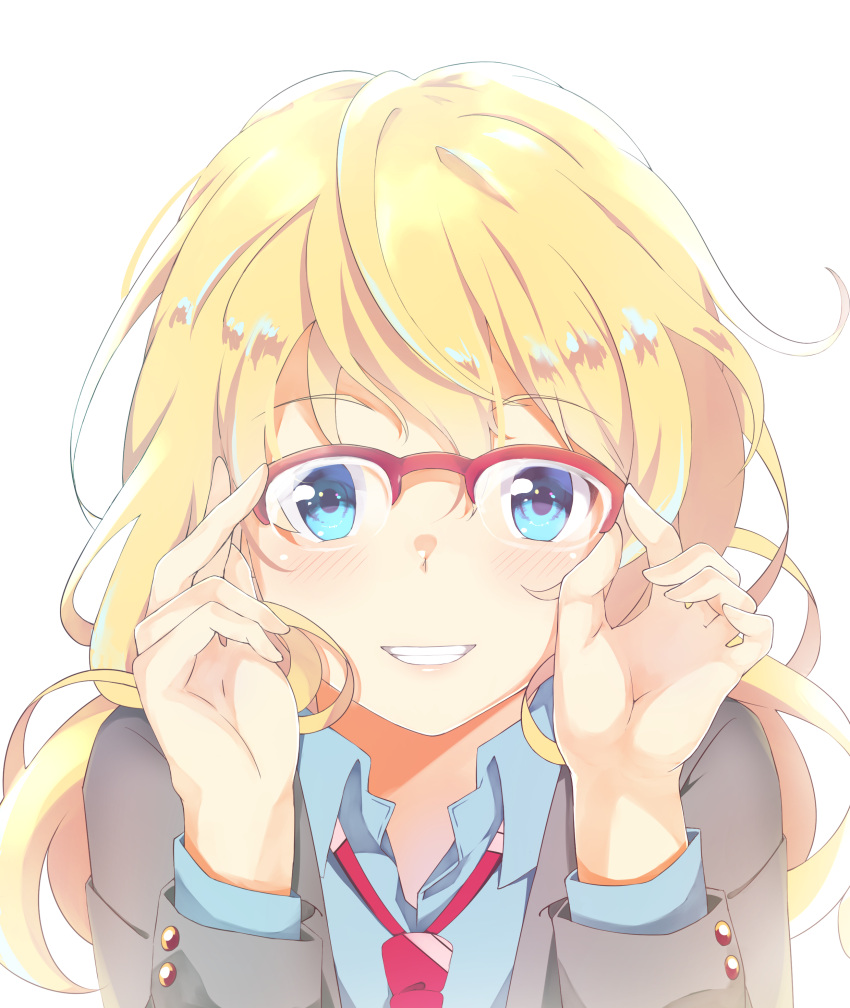 1girl, absurdres, adjusting_eyewear, bespectacled, blonde_hair, blue_eyes, blue_shirt, blush