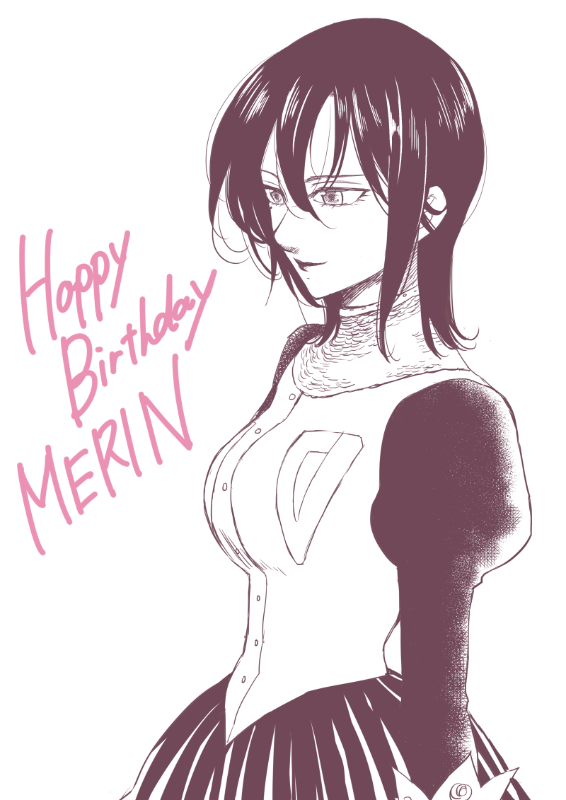 1girl, breasts, buttons, dress, gloves, greyscale, hair_between_eyes, happy_birthday, harumiya, long_sleeves, medium_breasts, merlin_(nanatsu_no_taizai), mole, mole_under_eye, monochrome, nanatsu_no_taizai, puffy_long_sleeves, puffy_sleeves, short_hair