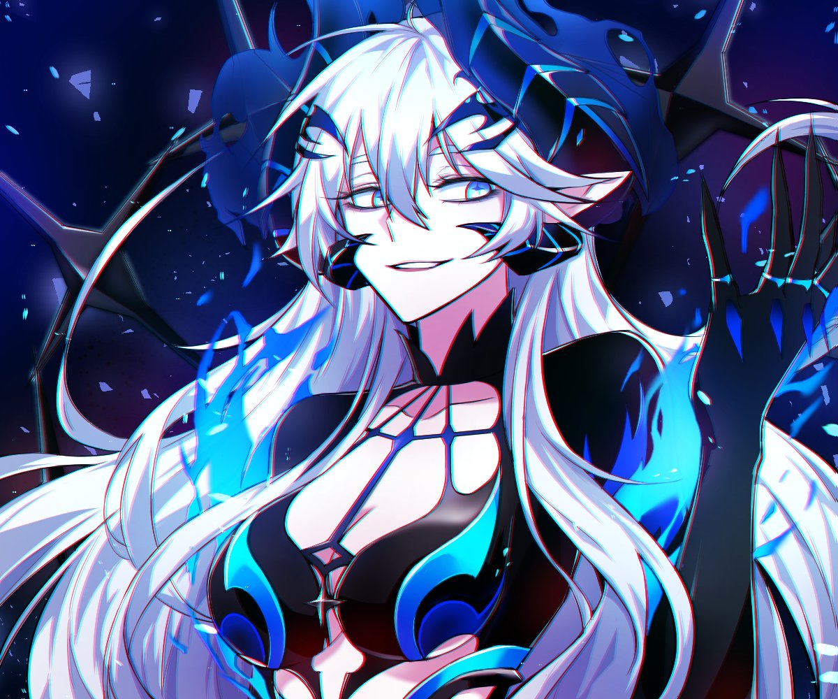 age_progression, black_background, blue_eyes, breasts, cleavage, cleavage_cutout, demon_girl, elsword, empty_eyes, energy, erun-cbal-, horns, iblis_(elsword), long_hair, luciela_r._sourcream, pointy_ears, spikes, symbol-shaped_pupils, white_hair
