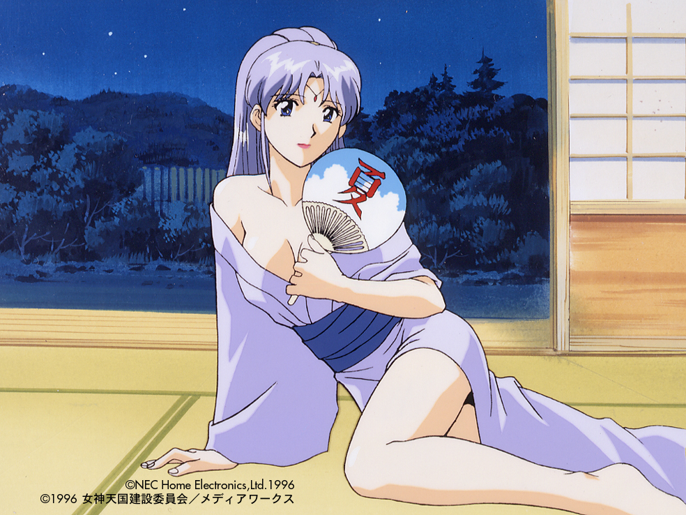 1996, 1girl, 90s, arm_support, barefoot, breasts, cleavage, copyright