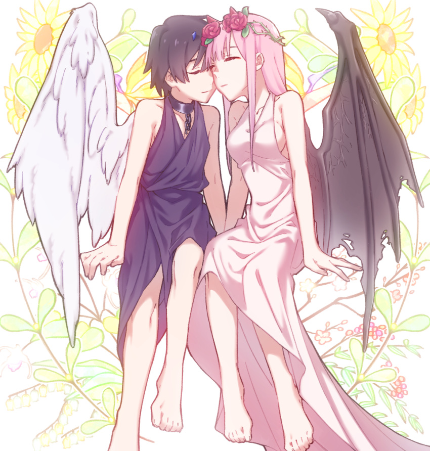 1boy, 1girl, angel_wings, bangs, barefoot, black_collar, black_hair, black_wing