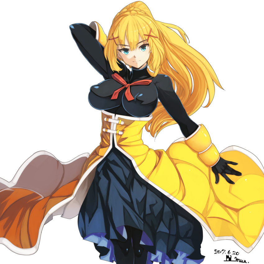 1girl, aqua_eyes, black_legwear, blonde_hair, bodystocking, darkness_(konosuba), dated, dress, hair_ornament, kono_subarashii_sekai_ni_shukufuku_wo!, looking_at_viewer, muu_(d-muu), ponytail, signature, simple_background, smile, solo, white_background, x_hair_ornament