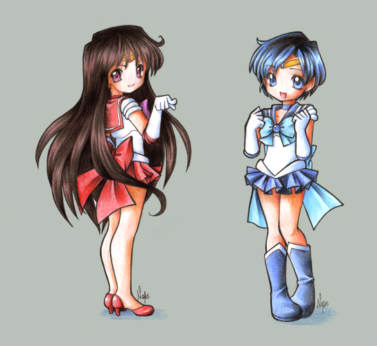 bishoujo_senshi_sailor_moon, black_hair, blue_hair, boots, chibi, choker, earrings, elbow_gloves