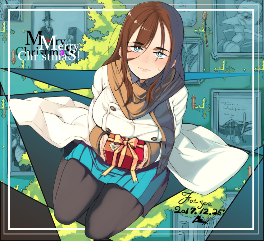 1girl, aqua_eyes, black_legwear, blue_skirt, blush, brown_hair, brown_scarf, christmas