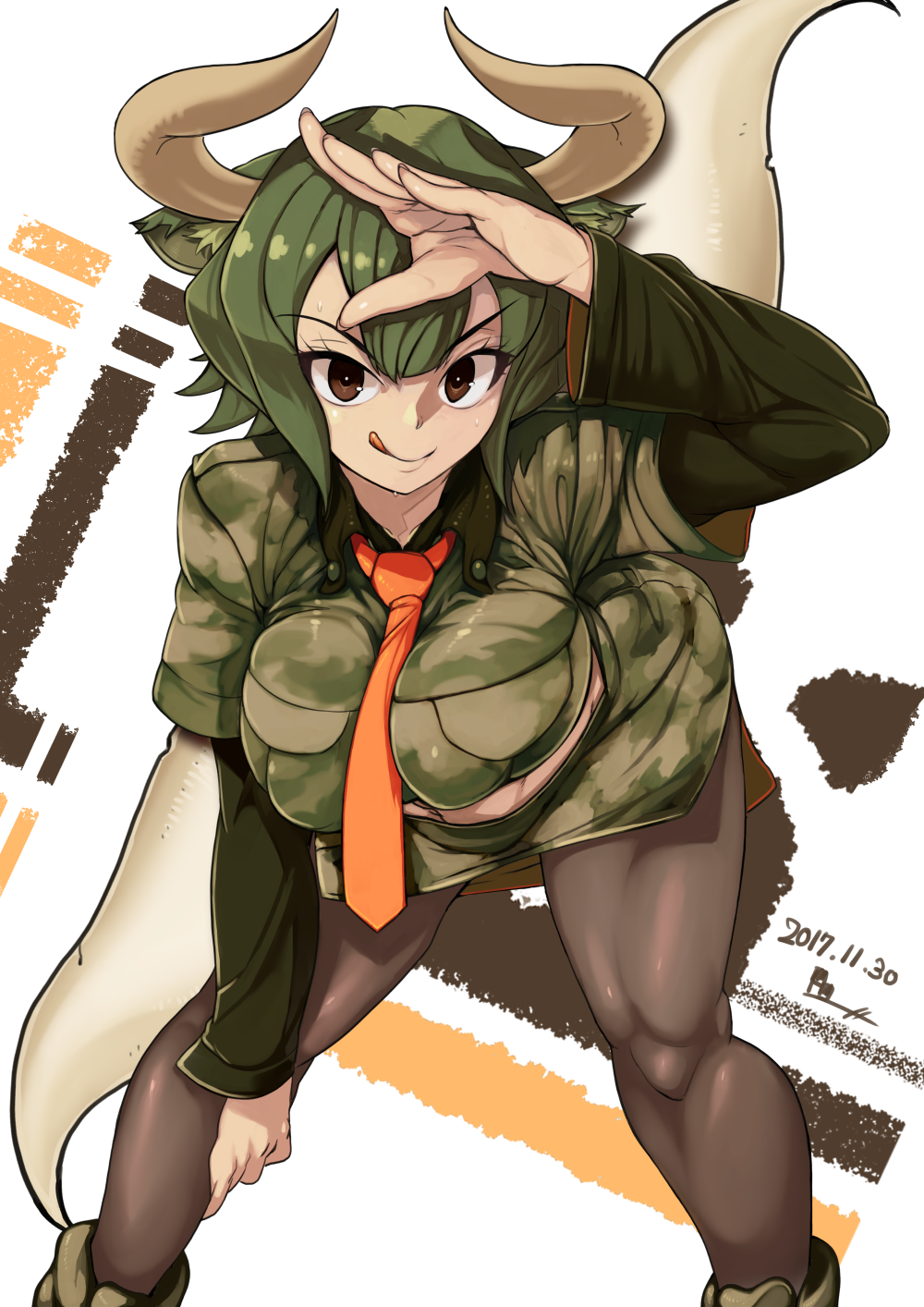 1girl, animal_ears, aurochs_(kemono_friends), bent_over, between_breasts, black_legwear, breasts, brown_eyes