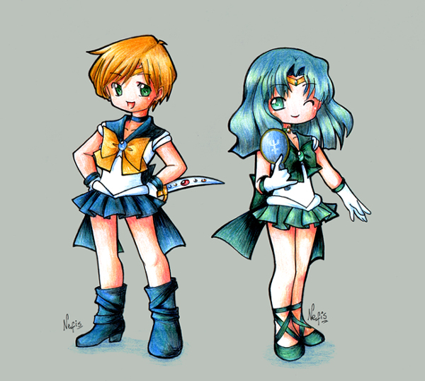 bishoujo_senshi_sailor_moon, blonde_hair, boots, chibi, gloves, green_hair, kaiou_michiru, long_hair