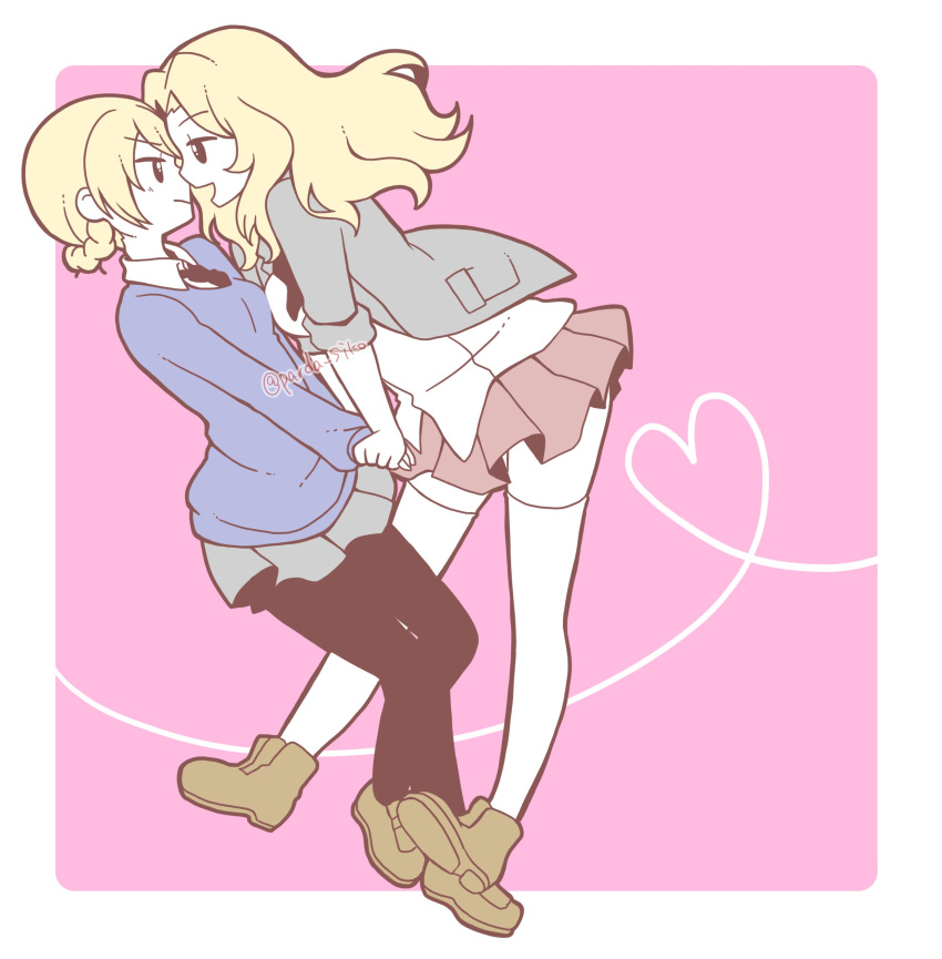 2girls, absurdres, bangs, black_legwear, black_neckwear, blazer, blonde_hair, blouse