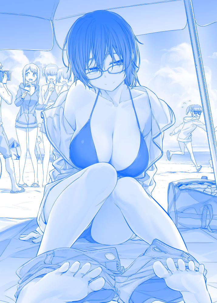 5girls, bare_legs, beach, beach_umbrella, bikini, blue, blush, breasts