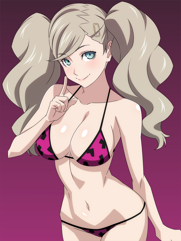 1girl, atlus, bangs, bikini, blue_eyes, breasts, closed_mouth, collarbone