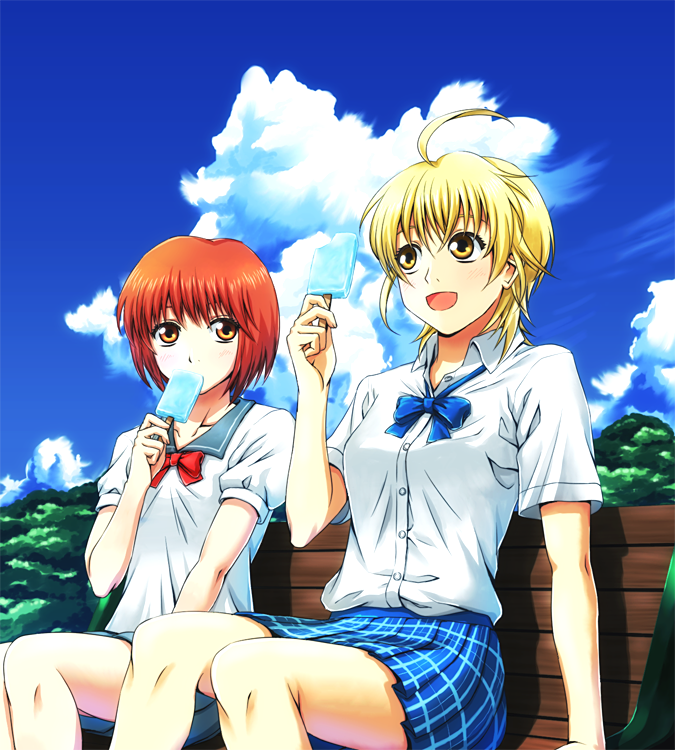 2girls, ahoge, anibache, arm_support, baby_steps, bench, blue_neckwear, blue_skirt