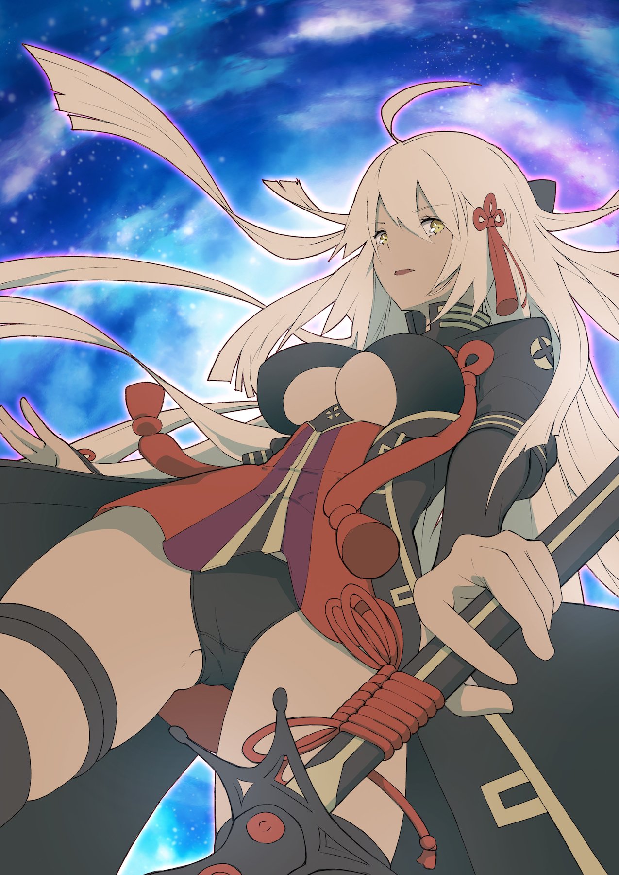 ahoge, arm_guards, asarokuji, black_coat, black_panties, cleavage_cutout, dark_skin, fate/grand_order, fate_(series), highres, holding, holding_sword, holding_weapon, katana, okita_souji_(alter)_(fate), okita_souji_(fate)_(all), panties, sword, thigh_strap, underwear, weapon, white_hair