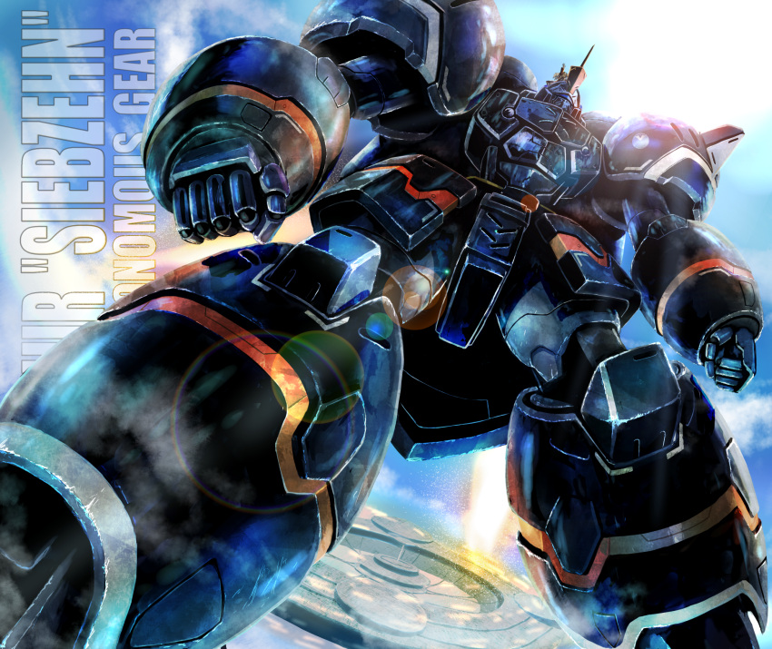 1girl, deraken, flying, highres, maria_balthasar, mecha, robot, science_fiction