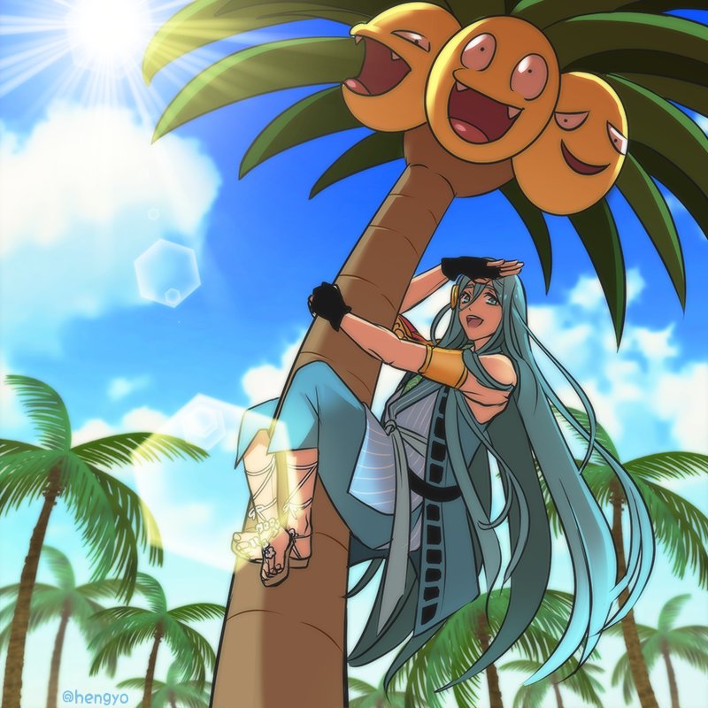 alolan_exeggutor, alolan_form, aqua_hair, beach, blue_sky, chiyoganemaru, climbing, clouds