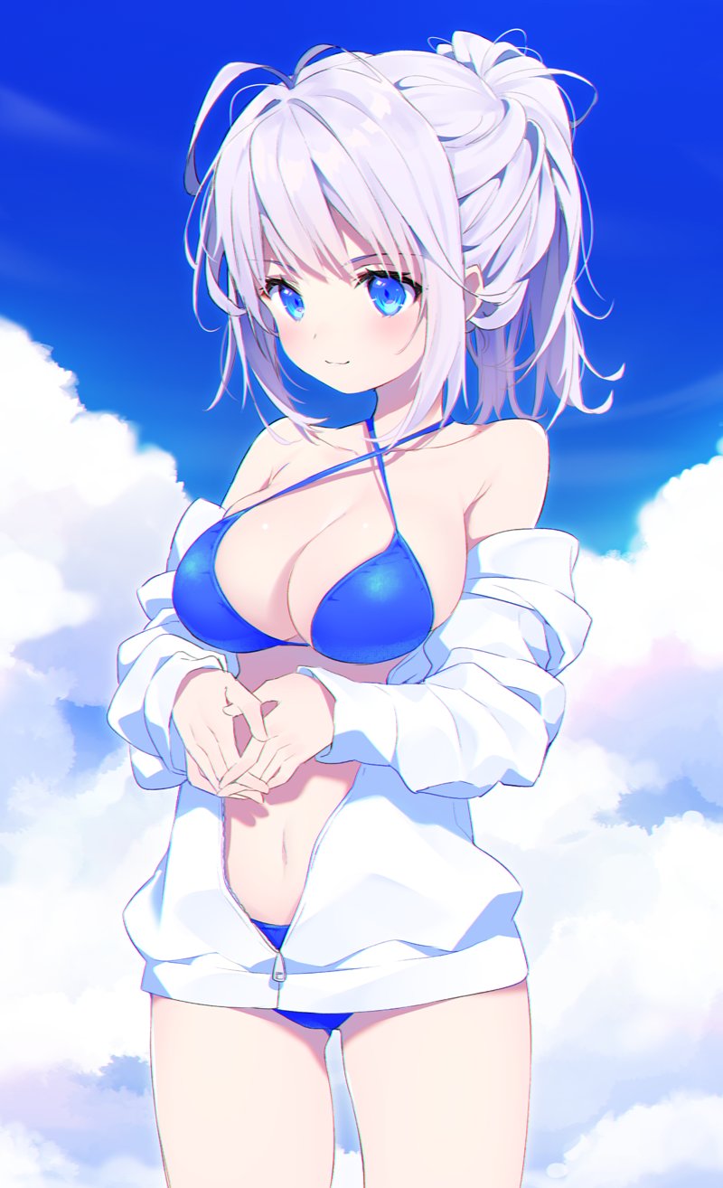 1girl, bare_shoulders, bikini, blue_bikini, blue_eyes, blush, breasts, cleavage, halterneck, hands_together, highres, jacket, kurokuma_(kuro_kumagaya), large_breasts, lavendar_hair, long_hair, original, ponytail, silver_hair, sky, smile, solo, standing, swimsuit