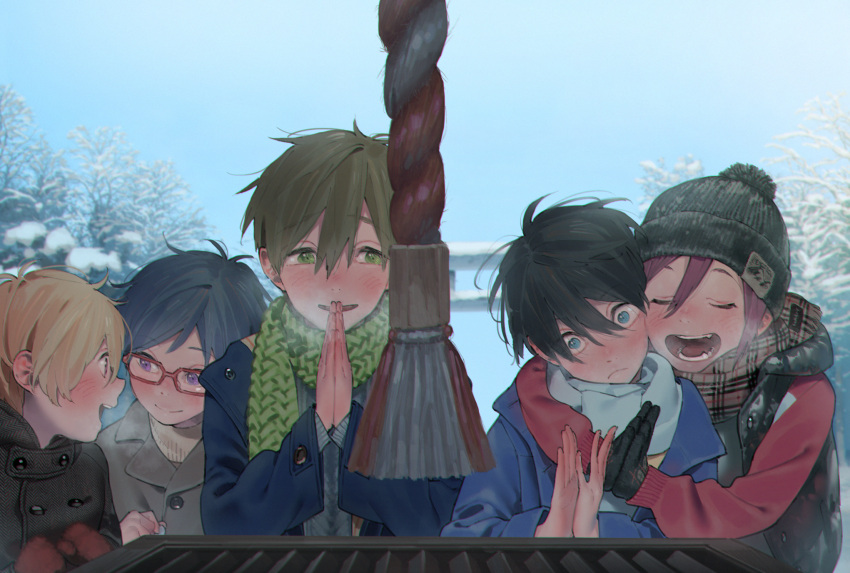 5boys, :d, arms_around_neck, backlighting, bangs, black_coat, black_gloves, black_hair