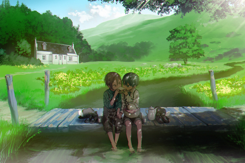 2boys, alternate_costume, bangs, barefoot, black_footwear, black_hair, black_hat, blue_eyes