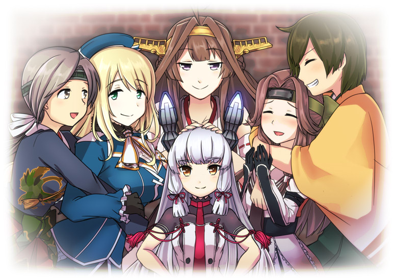6+girls, :d, arms_around_neck, atago_(kantai_collection), beret, black_gloves, blonde_hair, blush, brown_eyes, brown_hair, chitose_(kantai_collection), closed_eyes, commentary_request, eyebrows_visible_through_hair, gloves, glowing, green_eyes, grey_hair, grin, hair_ribbon, hands_on_another's_head, hat, headband, hiryuu_(kantai_collection), hug, hug_from_behind, iwana, jintsuu_(kantai_collection), kantai_collection, kongou_(kantai_collection), long_hair, looking_at_viewer, multiple_girls, murakumo_(kantai_collection), necktie, open_mouth, remodel_(kantai_collection), ribbon, smile, tress_ribbon, violet_eyes