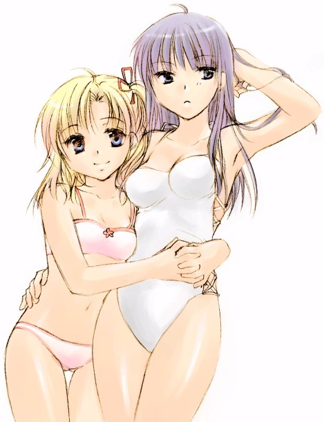 bikini, blonde_hair, blue_eyes, clannad, fujibayashi_kyou, genderswap, hug, kanae_funwa