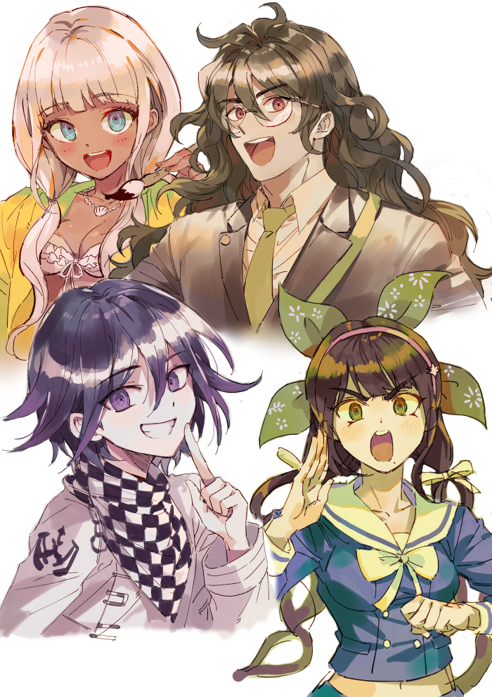 2boys, 2girls, :d, bangs, black_hair, blue_eyes, blue_shirt, blunt_bangs