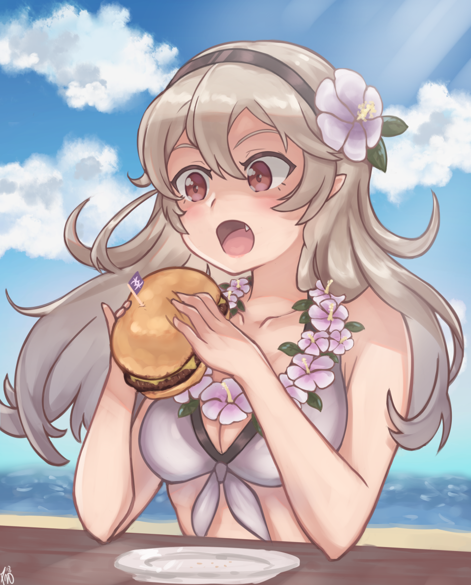 1girl, bikini_top, blue_sky, breasts, cleavage, clouds, day, eating, fang, female_my_unit_(fire_emblem_if), fire_emblem, fire_emblem_heroes, fire_emblem_if, flower, food, hair_flower, hair_ornament, hairband, hamburger, long_hair, medium_breasts, my_unit_(fire_emblem_if), open_mouth, pinepizza, plate, pointy_ears, red_eyes, sky, solo, water, white_hair, wreath