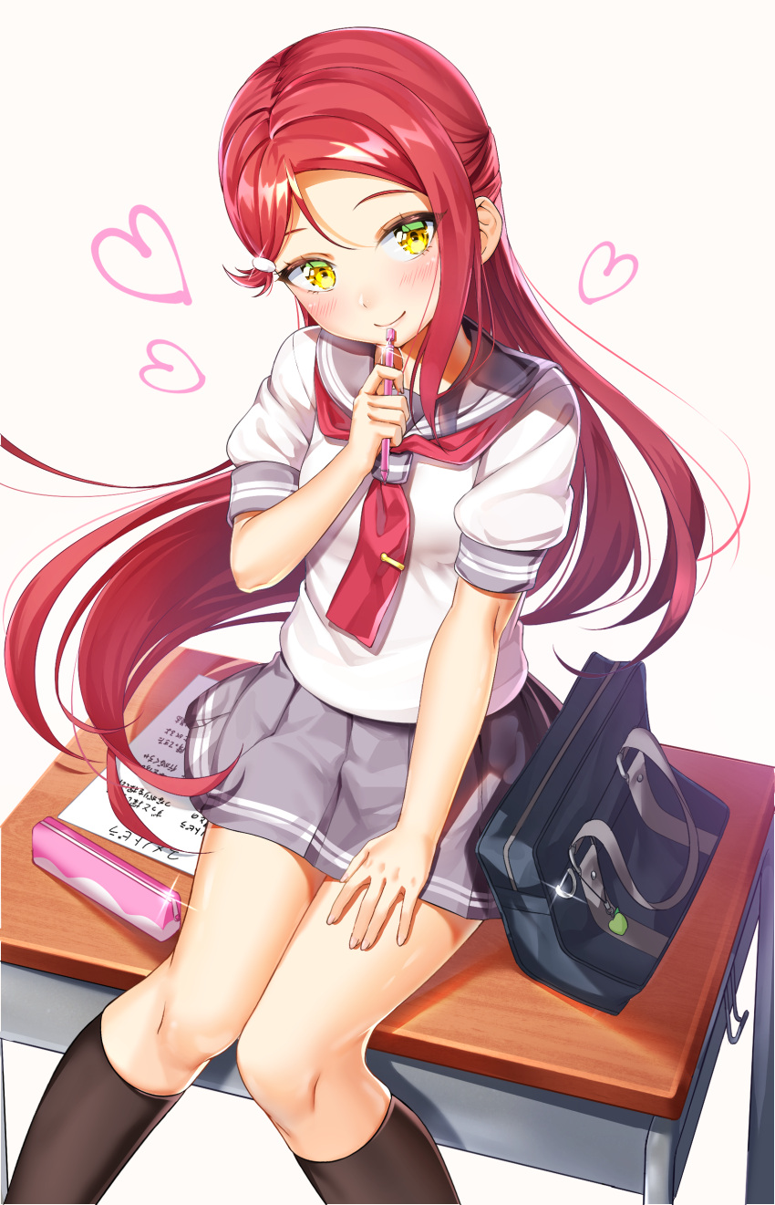 1girl, absurdres, bag, bangs, black_legwear, blush, floating_hair, grey_skirt