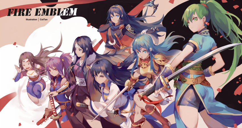 aqua_hair, armlet, armor, bare_shoulders, black_hair, breastplate, breasts, cape