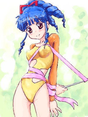 blue_hair, brown_eyes, drill_hair, entangled, gymnastics, leotard, lowres, oekaki