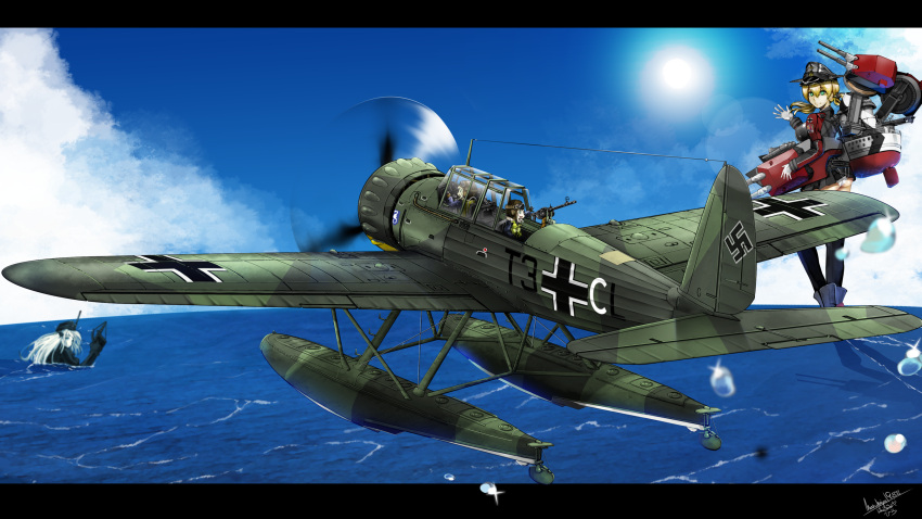 4girls, aircraft, airplane, anchor_hair_ornament, aqua_eyes, ar_196, ass, black_skirt
