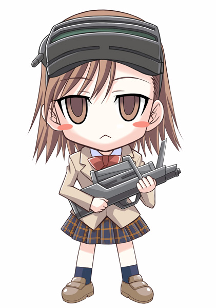 assault_rifle, blush_stickers, bowtie, brown_eyes, brown_hair, bullpup, chibi, fn_f2000