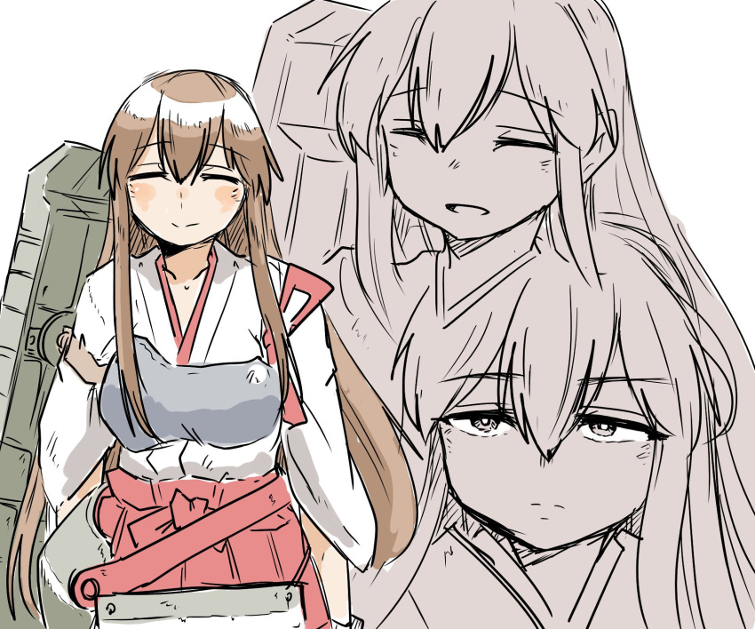 1girl, akagi_(kantai_collection), blush, brown_hair, closed_eyes, closed_mouth, cowboy_shot, eyebrows_visible_through_hair